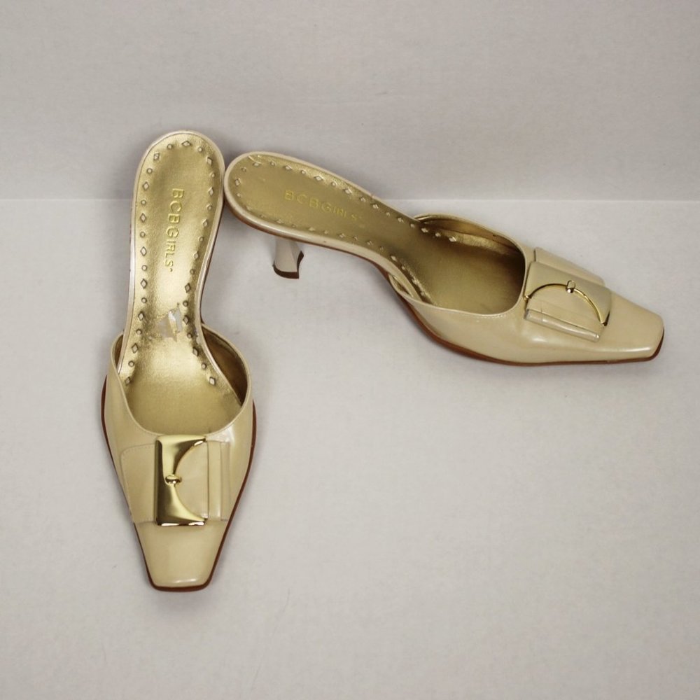 BCBGirls Beige Gold Buckle Mule Shoe 6 1/2
